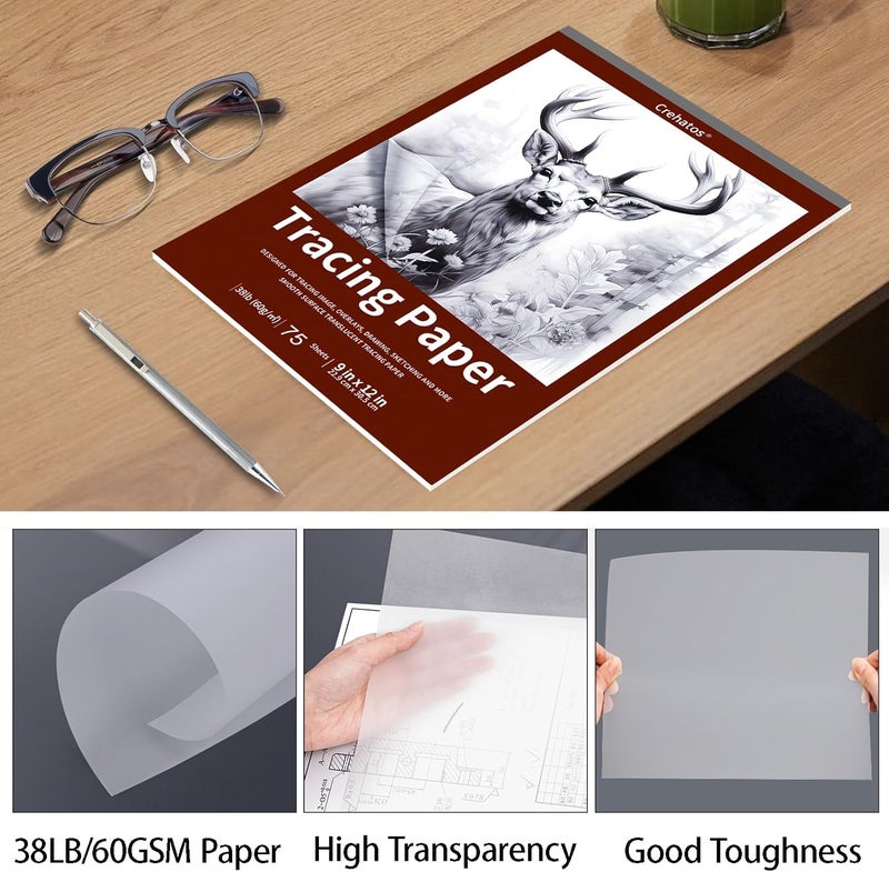 Crehatos 9" x 12" Tracing Paper, Translucent Tracing Pad, 75 Sheets 38lb/60gsm Vellum Art Paper - Image 4